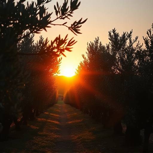 Fotograma del cortometraje 'La Sombra del Olivo', con una escena en un campo de olivos al atardecer.