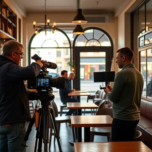 Imagen del equipo de filmación rodando el anuncio de 'Café Madrid' en una cafetería en el centro de Madrid.